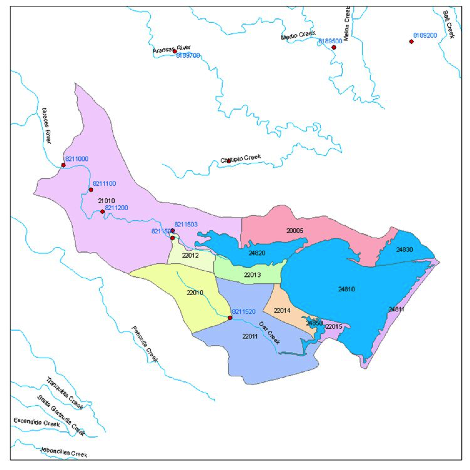 Watershed map of Corpus Christi Bay. Red dots represent gages.